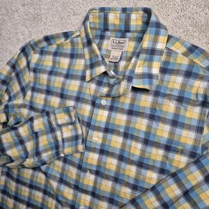 LL Bean Brushed Cotton Shirt Mens MT Blue Plaid Slightly Fitted Classic Outdoor